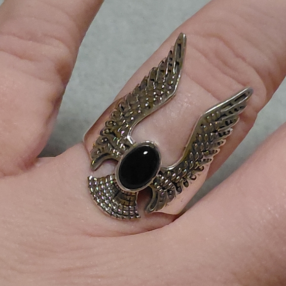 Silver Winged Black Onyx Stone Ring - Picture 7 of 8